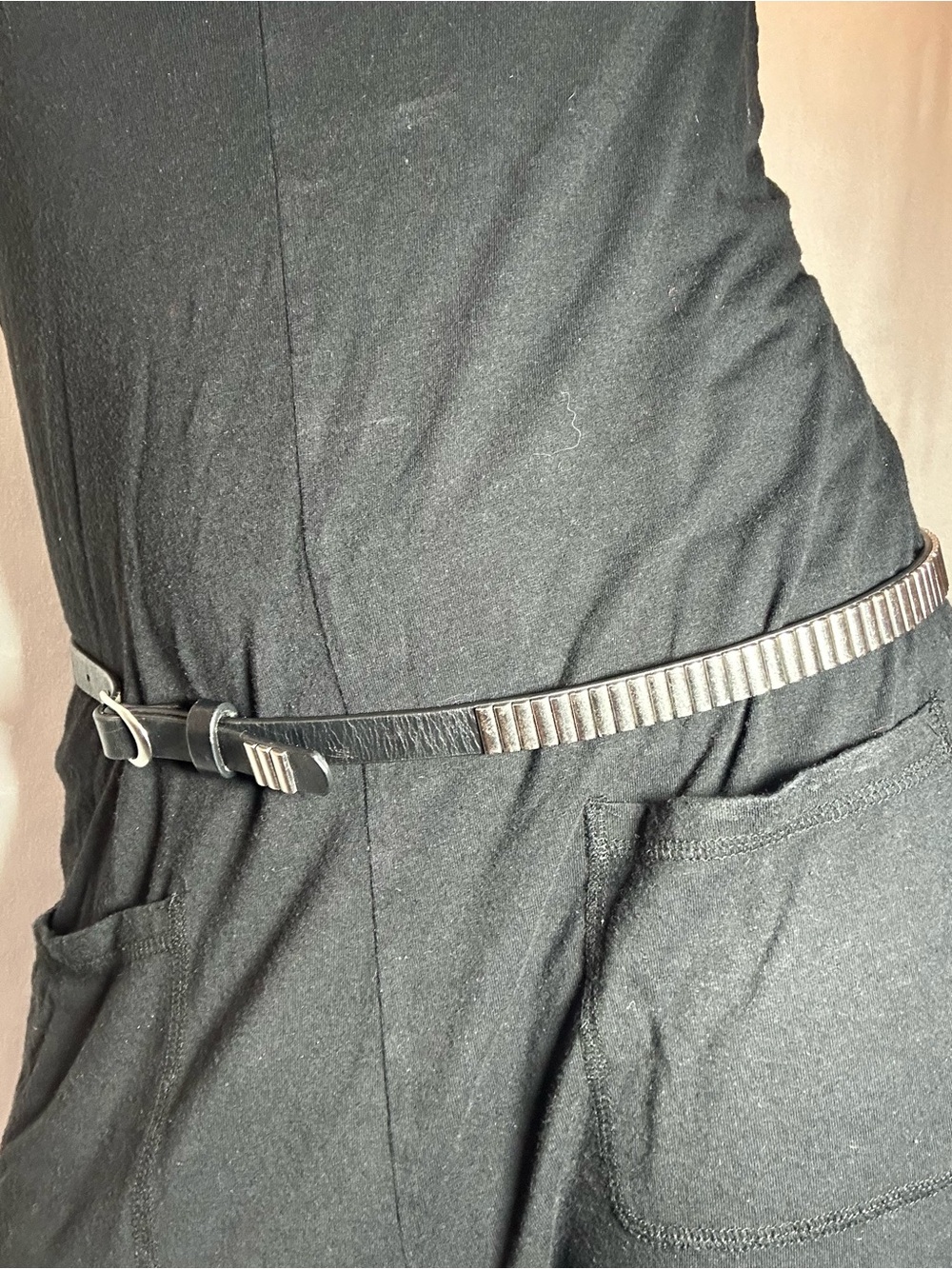 Narrow Black Leather Studded Belt Silver Hardware Punk Rock Goth Y2K Size 34 - Picture 2 of 14